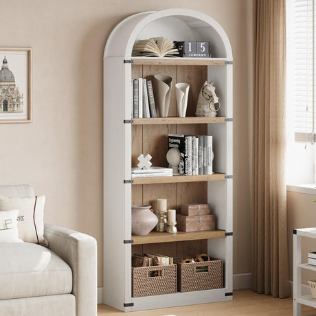 GarveeHome Bookcase 5 Shelf Arched Bookshelf 71.65in Tall Bookcase Farmhouse Display Storage Rack Wooden Bookshelves for Home Office, Living Room (White/Natural) GarveeHome