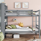 JIJIWANG Twin Over Twin Bunk Bed with Bookcase and Storage Solid Wood Bunk Beds Frame with Shelves, Convertible to 2 Beds, Grey JIJIWANG