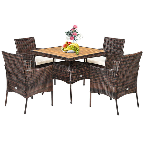 Tangkula 5 Pieces Wicker Patio Dining Set, Outdoor Acacia Wood Dining Furniture with 4 Armrest Chairs & 1 Dining Table, Rattan Conversation Set with Cushions & Umbrella Hole for Backyard Garden Porch Tangkula