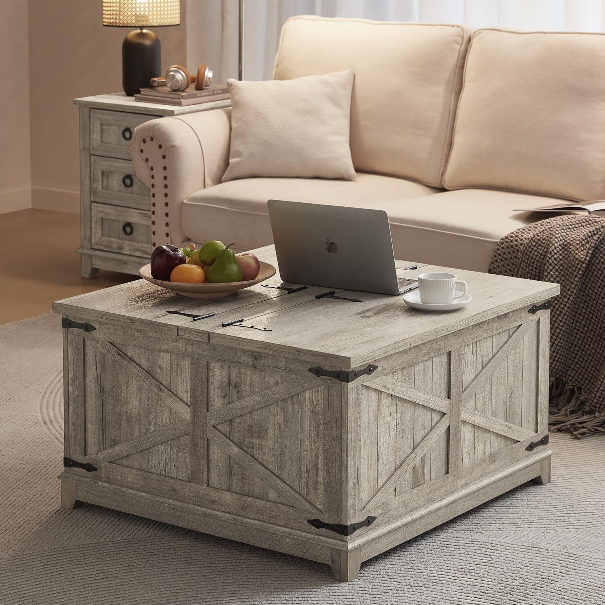 Joaxswe Farmhouse Coffee Table with Hidden Storage Organizer, Modern Square Large Center Table, Wood Farm House Low Rustic Light Oak Living Room Tables with Hinged Lift Top for Home, Office Joaxswe