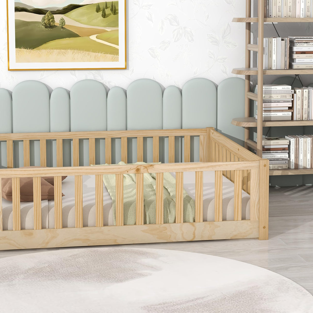 A ALFRESCOOL Full Size Montessori Floor Bed with Safety Fence & Convertible Door, Pine Wood Toddler Floor Bed Frame with Support Slats and Full-Length Guardrails for Kids Girls Boys (Natural) A ALFRESCOOL