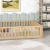 A ALFRESCOOL Full Size Montessori Floor Bed with Safety Fence & Convertible Door, Pine Wood Toddler Floor Bed Frame with Support Slats and Full-Length Guardrails for Kids Girls Boys (Natural) A ALFRESCOOL