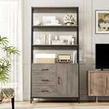 HITHOS 69" Industrial 4-Tier Bookshelf with Wooden Drawers - Ash Grey Elegance HITHOS
