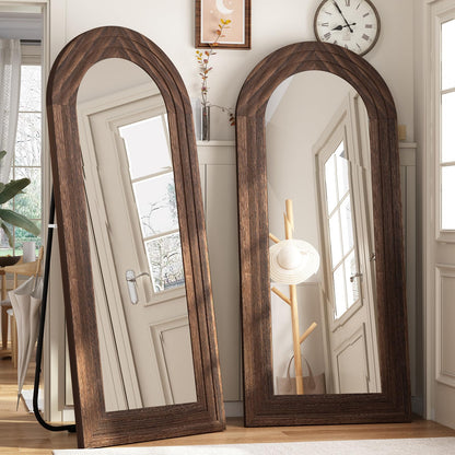 ZHUNFA Arched Full Length Mirror with Solid Wood Frame, 65x22 Farmhouse Wall Mounted Floor Mirror with Stand, Vertical Hanging, Leaning Standing for Bedroom, Living Room, Brown