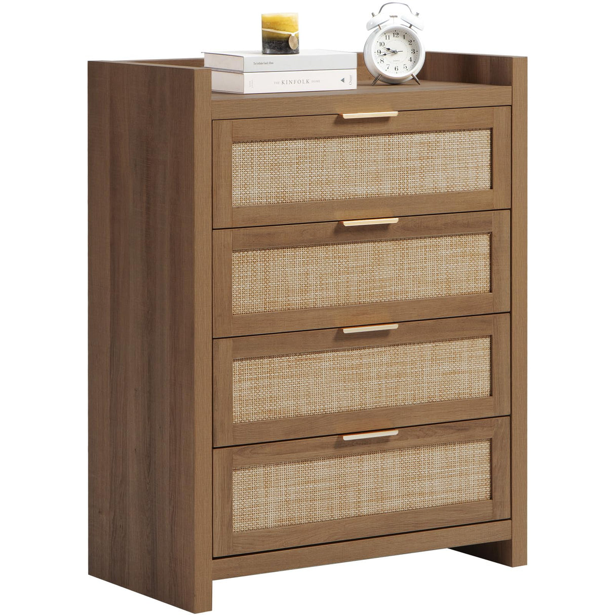 SICOTAS Dresser for Bedroom Chest of Drawers Tall Dresser with 4 Rattan Drawers Wood Dresser for Closet Boho Clothes Storage Tower Large Nightstand Sets for Living Room Hallway Nursery Entryway SICOTAS