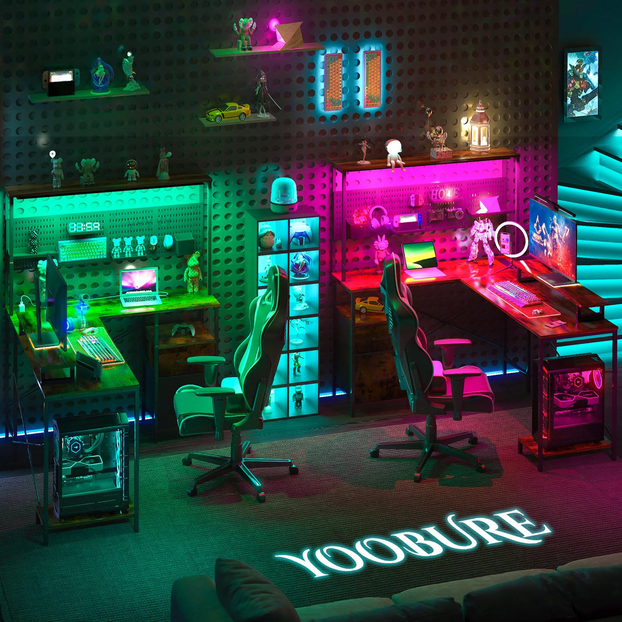 Yoobure L Shaped Desk with Pegboard, Reversible Computer Desk with Drawers & Storage Shelves, Gaming Desk with LED Lights & Power Outlets, Office Desk with Monitor Stand Corner Desk Home Office Desks Yoobure