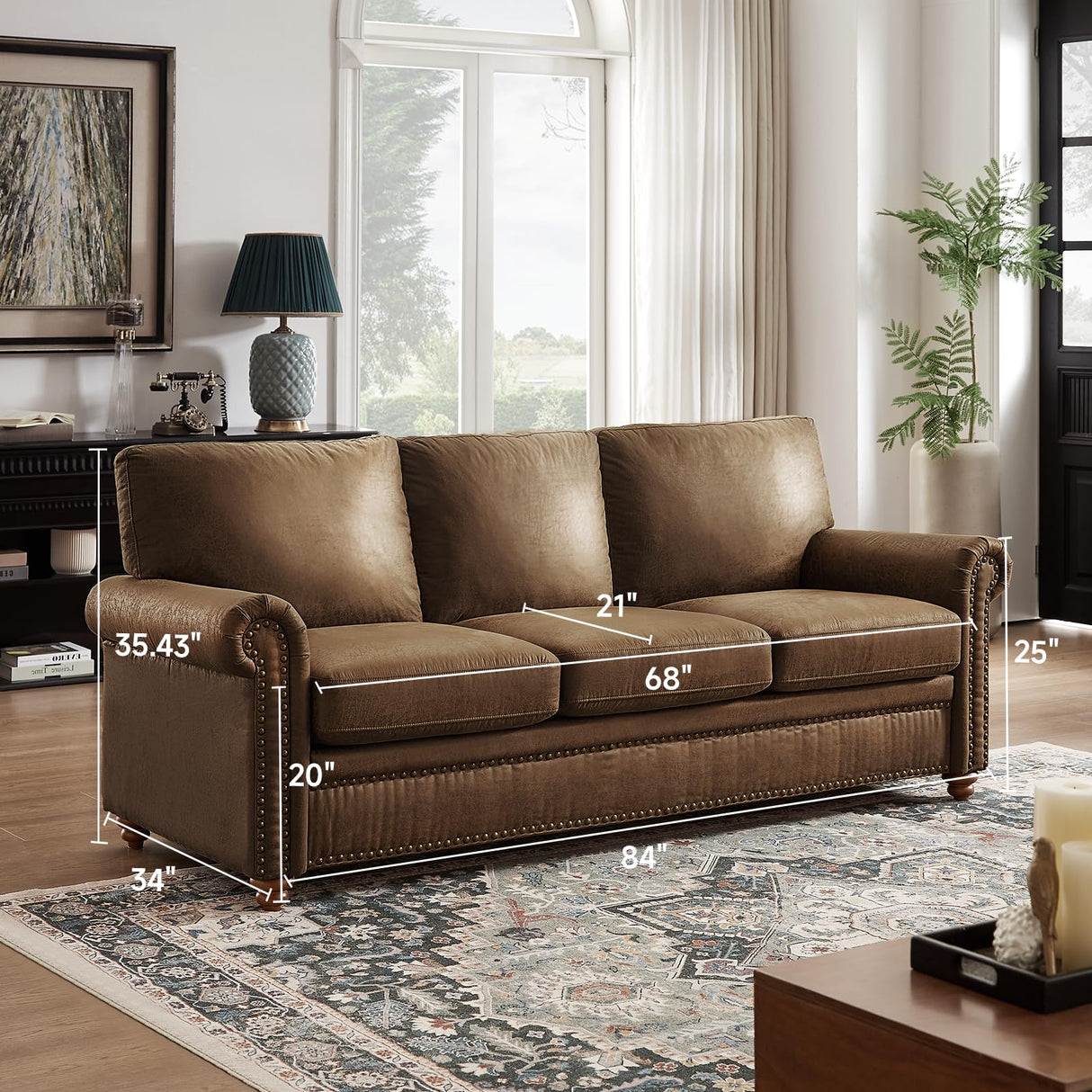 ONBRILL 84" Faux Leather Couch, Mid-Century Modern Couch w/Brass Nailhead Trim, 3 Seater Sofa Couch w/Rolled Arm, Pocket Spring Cushions, Gourd Feet, Dark Brown Couch Leather Sofas for Living Room ONBRILL