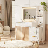 Vanity Desk with Mirror and Lights, Makeup Vanity Desk with Power Outlet, Makeup Desk with 5 Drawers&Storage Shelves, Vanity Table 3 Color Modes Adjustable Brightness Dressing Table Set for Bedroom INNOD