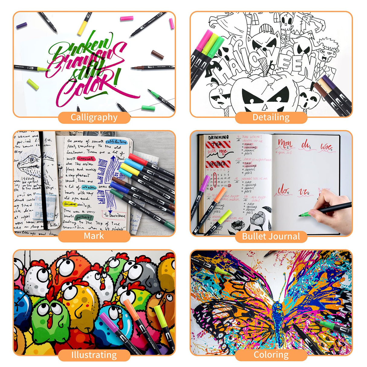 Peablce Art Markers Brush Pen, Markers for Adult Coloring Books No Bleeding,32 Colored Pens Fine Point Highlighter Pen & Brush for Adult Kids Coloring Journaling Note Taking Planner Peablce