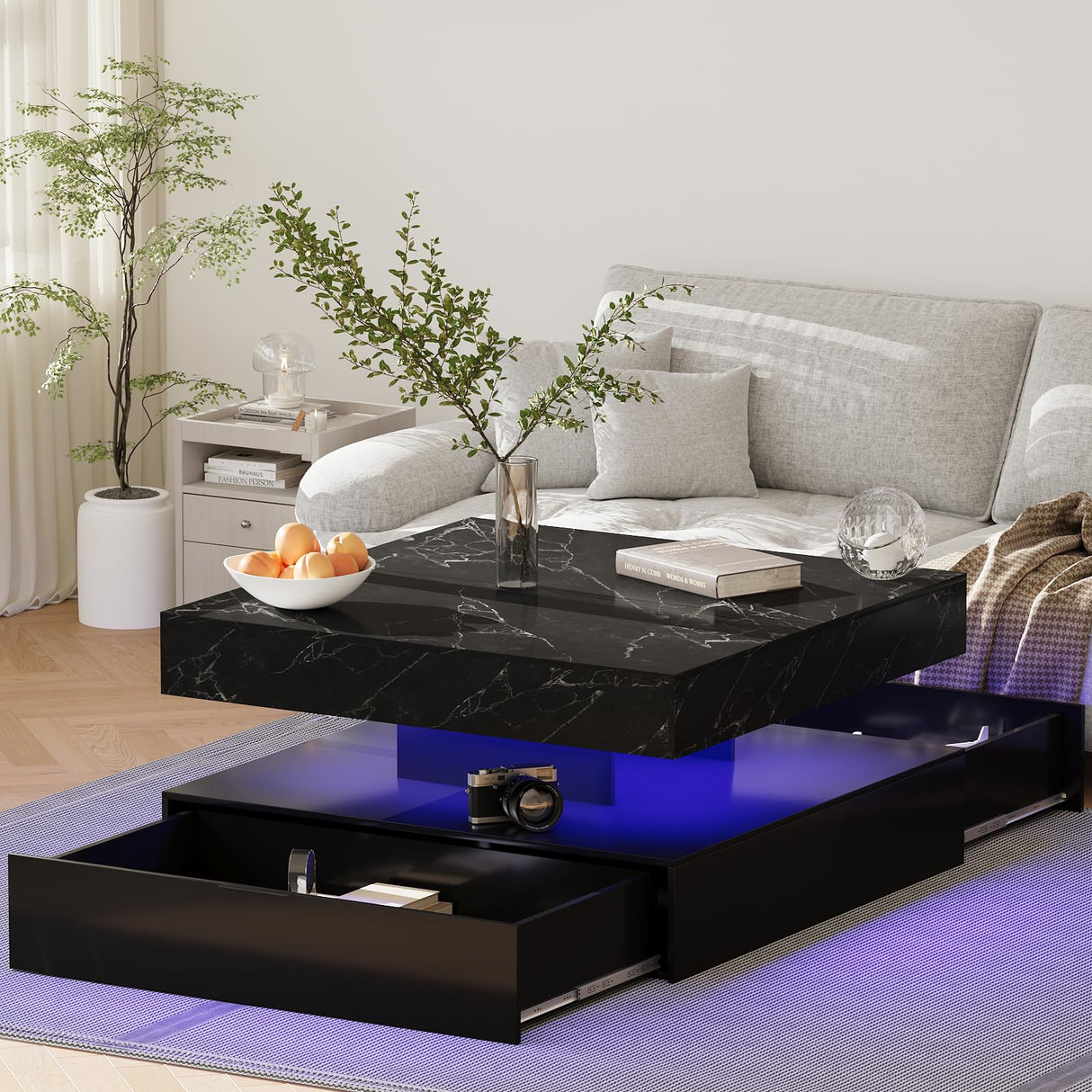 Square Coffee Table with LED Lights – 2-Tier High Gloss Minimalist Design, 30.7-Inch Modern Center Table with Storage and Drawer – Wooden Coffee Table for Living Room, Home, and Office GOFEI
