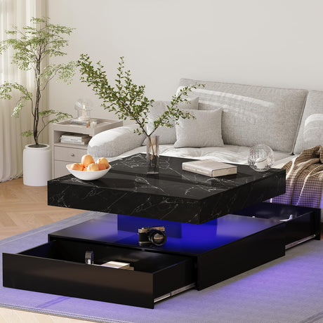 Square Coffee Table with LED Lights – 2-Tier High Gloss Minimalist Design, 30.7-Inch Modern Center Table with Storage and Drawer – Wooden Coffee Table for Living Room, Home, and Office GOFEI