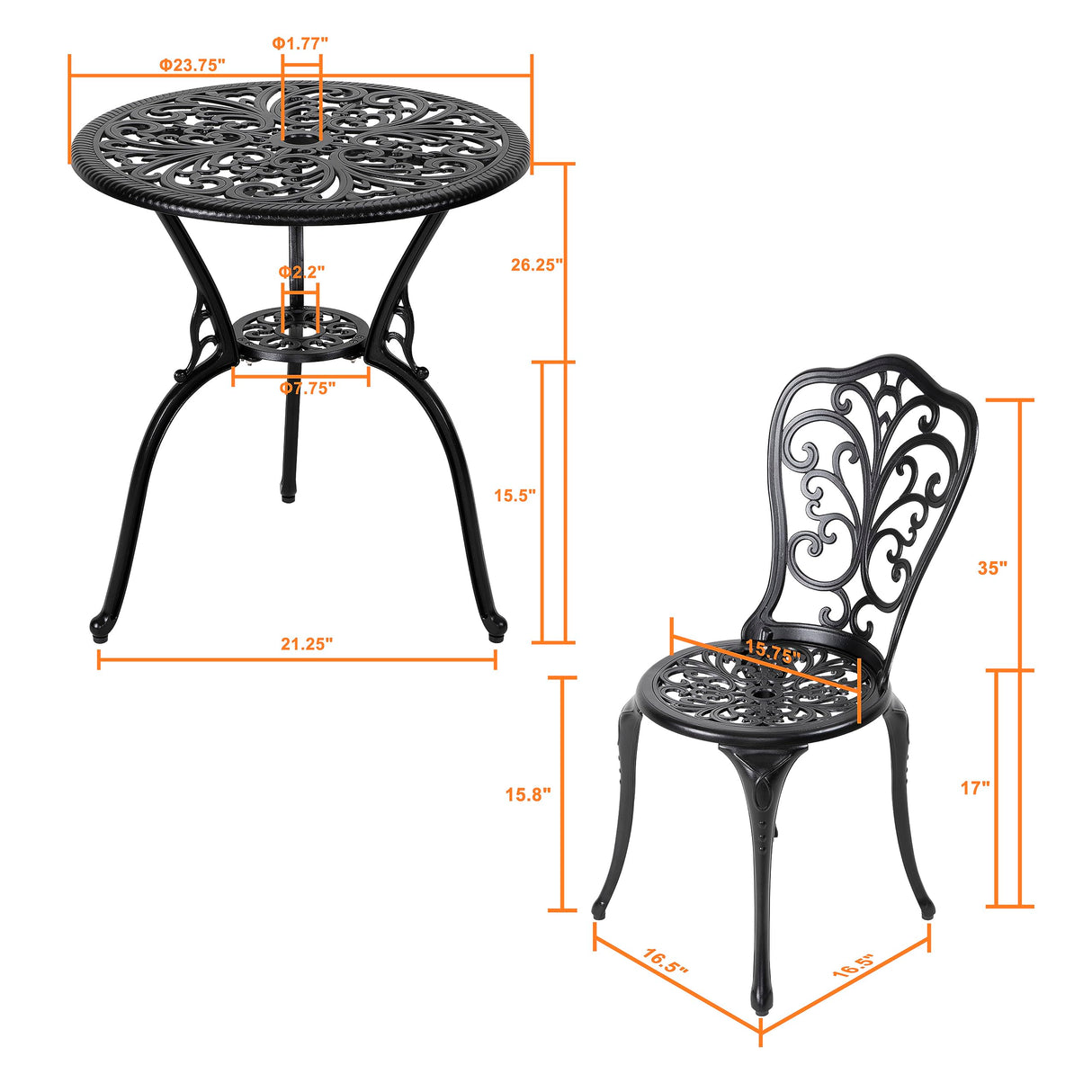 NUU GARDEN 3 Piece Bistro Set Outdoor, All Weather Cast Aluminum Patio Bistro Sets Patio Table and Chairs Set of 2 with Umbrella Hole for Yard, Balcony, Black, Butterfly Backrest NUU GARDEN