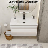eclife 36" Floating Bathroom Vanity with Sink Combo Mid-Century Wall Mounted Cabinet with Wood Stripes Decor, Drawers, Undermount Sink, Faucet, Drain, Mixed White eclife