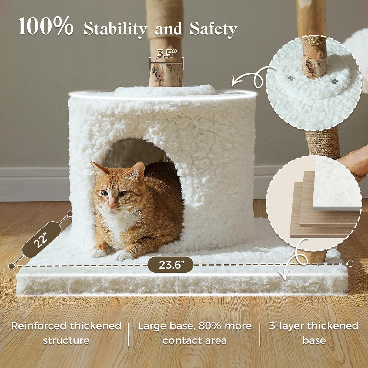 MUTTROS 59" Modern Cat Tree Tower for Large Cats w/2 Flower Perches-Natural Solid Wood Scratching Post with Real Branch-Luxury Boho Cat Furniture w/Condo & Wicker Basket Bed, Cloud White MUTTROS