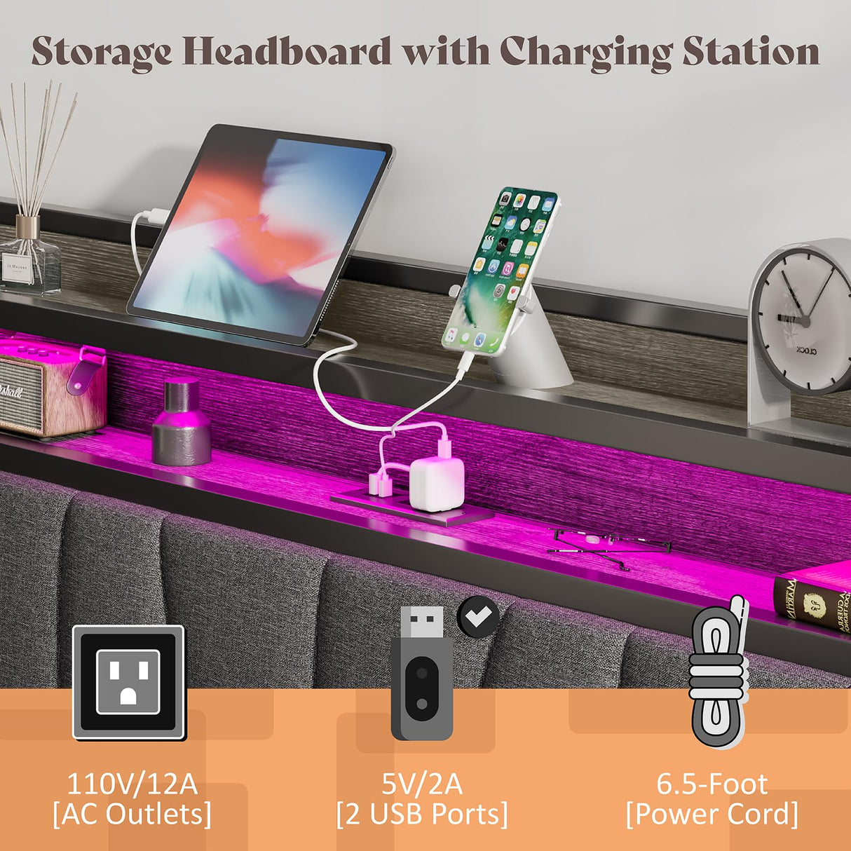 AMERLIFE Queen Size Bed Frame with RGB Lights & Charging Station, LED Bed Frame with Storage Headboard Linen Upholstered, Heavy Duty Metal Slats, No Box Spring Needed, Rustic Grey AMERLIFE