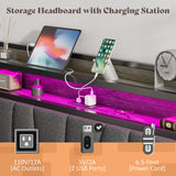 AMERLIFE Queen Size Bed Frame with RGB Lights & Charging Station, LED Bed Frame with Storage Headboard Linen Upholstered, Heavy Duty Metal Slats, No Box Spring Needed, Rustic Grey AMERLIFE