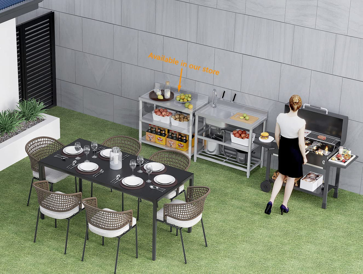 Free Standing Stainless-Steel Single Bowl Commercial Restaurant Kitchen Sink Set w/Faucet & Drainboard, Prep & Utility Washing Hand Basin w/Workbench & Double Storage Shelves Indoor Outdoor (39.5in) KINGBO