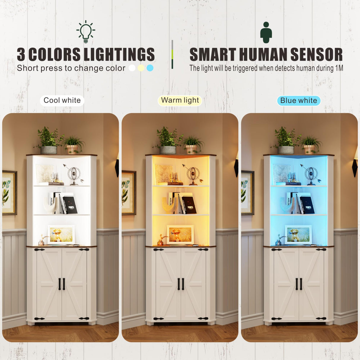 FREDEES Antique White Tall Corner Cabinet with LED Light - Rustic Farmhouse Storage Solution FREDEES