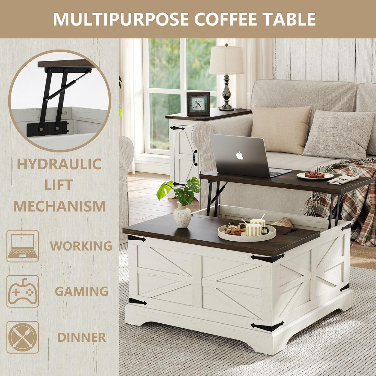 furomate Farmhouse Lift Top Coffee Table, Square Wood Center Table with Large Hidden Storage Compartment for Living Room, Rustic Cocktail White Modern Table with Hinged Lift Top, Brown Top furomate