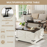 furomate Farmhouse Lift Top Coffee Table, Square Wood Center Table with Large Hidden Storage Compartment for Living Room, Rustic Cocktail White Modern Table with Hinged Lift Top, Brown Top furomate