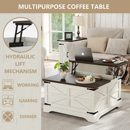 furomate Farmhouse Lift Top Coffee Table, Square Wood Center Table with Large Hidden Storage Compartment for Living Room, Rustic Cocktail White Modern Table with Hinged Lift Top, Brown Top - WoodArtSupply