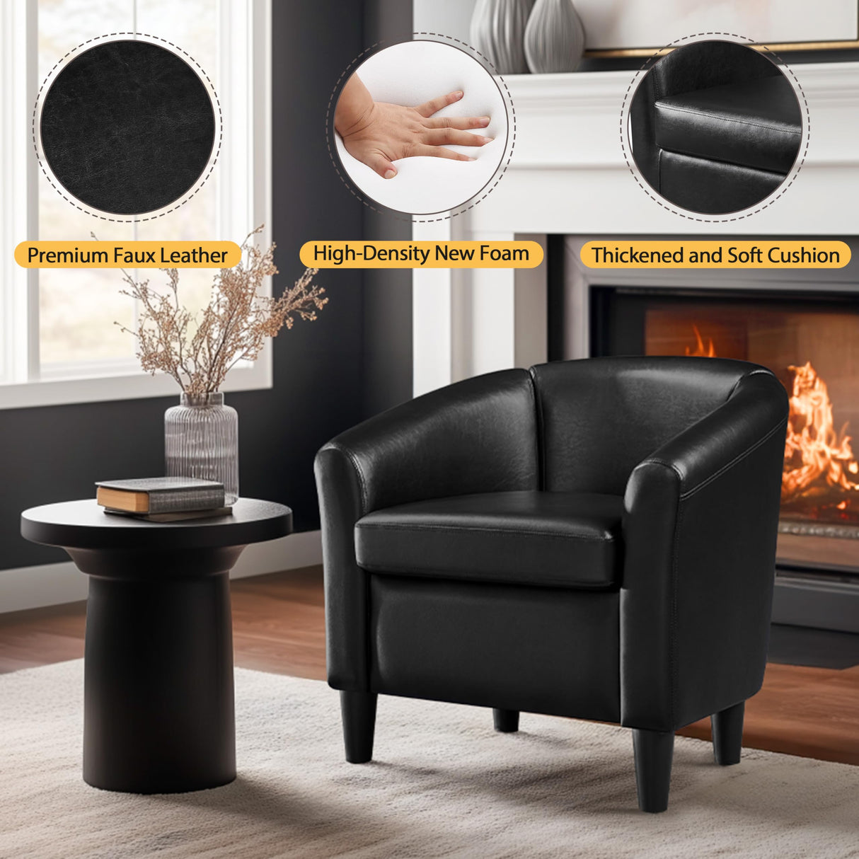 Topeakmart Faux Leather Club Chair, Modern Accent Chair and Cozy Barrel Armchair with Sturdy Legs for Living Room Bedroom Reception Room, Black Topeakmart