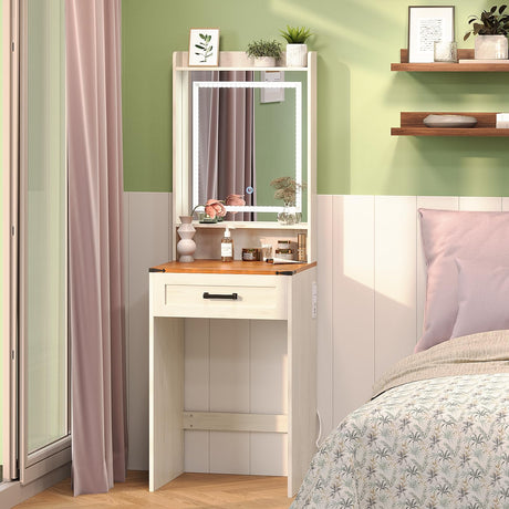 Trironsun Small Farmhouse Makeup Vanity Desk with 3 Adjustable Lighted Mirror Narrow Vanity Table with Storage Drawer White Thin Dressing Table for Bedroom Small Space Trironsun