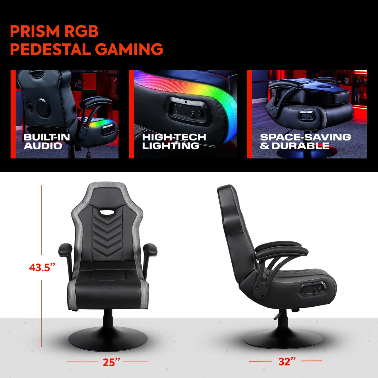 X Rocker Prism RGB LED Lounging Video Gaming Pedestal Chair with Armrests, Wireless Bluetooth Audio, Foldable, Vegan Leather, Amazon Exclusive, Black X Rocker
