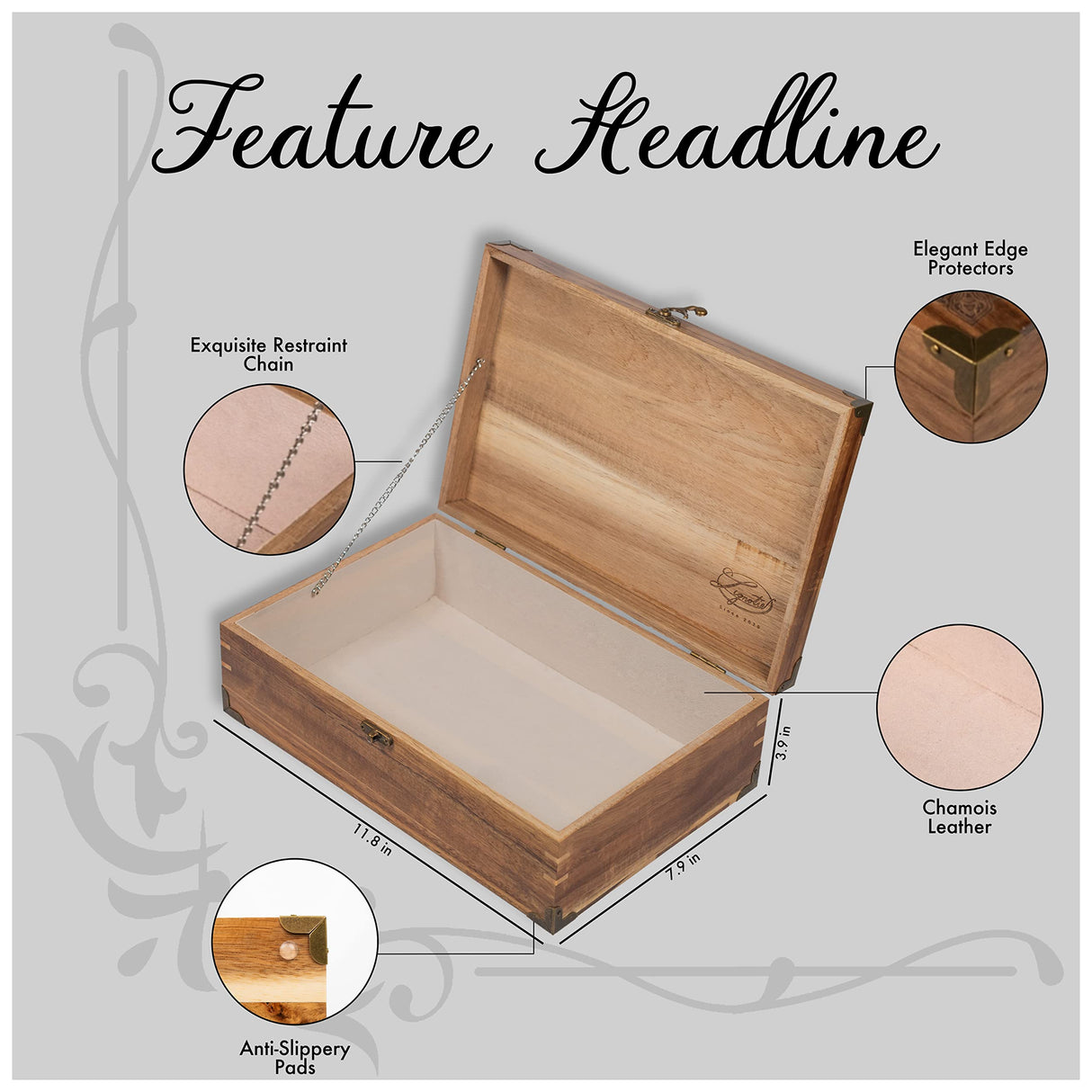 Lignotie Memory Keepsake Box - Large Wooden Box with Hinged Lid - Rustic Decorative Wood Storage Box with Chamois Leather Lining Lignotie