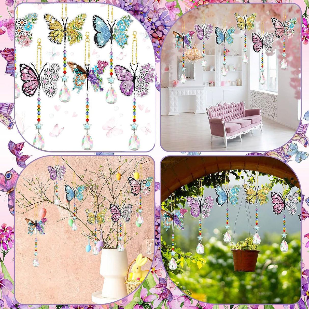 Tradder 6 Pcs Spring Butterfly Diamond Painting Wind Chimes Diamond Painting Suncatcher Art Kit Double Sided Butterfly Ornaments 5d Rhinestone for Spring Home Garden Tradder