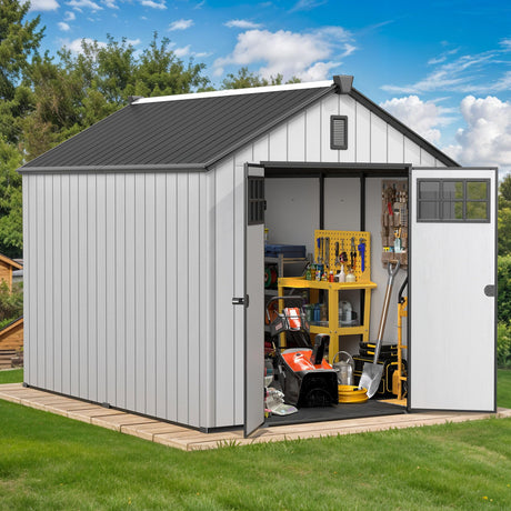 DWVO 8x10 FT Outdoor Storage Shed, 544 cuft Plastic Storage Shed with Floor & Lockable Door, All-Weather Tool Garden Shed with Window & Vent for Patio Furniture, Lawn Mower, Pool Supplies, Dark Gray DWVO