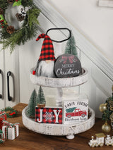 Christmas Tiered Tray Décor Set of 7, Merry Christmas Farm Fresh Truck, Joy Wood Sign Buffalo Plaid Gnome Plush and Trees, Farmhouse Table Home Party Shelf Fireplace Mantel Decor NEWLIGHTURE