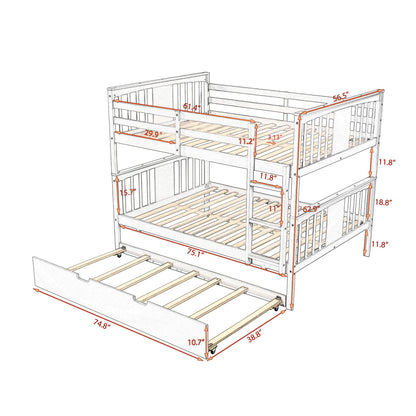 MERITLINE Bunk Bed Full Over Full, Wood Bunk Bed with Twin Size Trundle Bed and Ladder, Space Saving Design Bedroom Furniture (Gray)