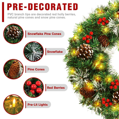 Christmas Wreath,Pre-Lit Artificial Christmas Wreaths for Front Door with Pine Cones,Berries,Christmas Wreath with Lights,8 Modes 50 LED Lights for Outdoor Indoor Decorations-18 in