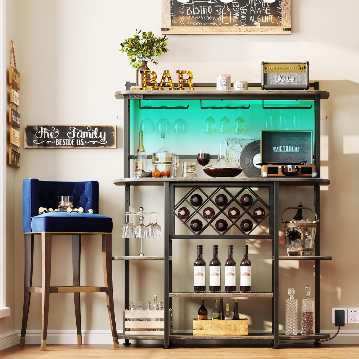 ROCHECASA Wine Rack with LED Light, Bar Table Cabinet with Glass Holder, Freestanding Coffee Bar Storage Shelves, 6-Tier Liquor Cabinet for Kitchen, Dining Room, Living Room,Grey 43.3" ROCHECASA