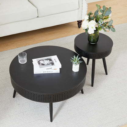 Modern Farmhouse Round End Table Set of 2,Iron Rattan Coffee Table with Hidden Storage Basket,29.1” Nesting Side Table for Living Room,Balcony,Patio,Swimming Pool (Black) - WoodArtSupply