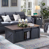 IFGET Lift Top Coffee Table with Double Storage Spaces, Farmhouse Rustic Wood Center Table with Sliding Groove Barn Door, Coffee Table Converts to Dining Table for Living Room Office (Dark Grey) IFGET