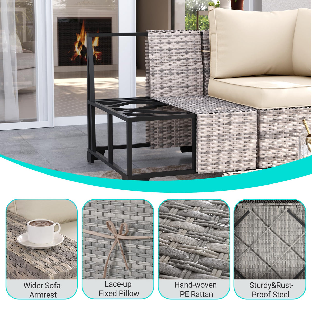 Muphyers 10-Piece Outdoor Patio Furniture Set with Rocking Swivel Chair, PE Wicker Rattan Sectional Sofa Patio Conversation Set with 55,000 BTU Fire Pit Table & Coffee Table, White Muphyers