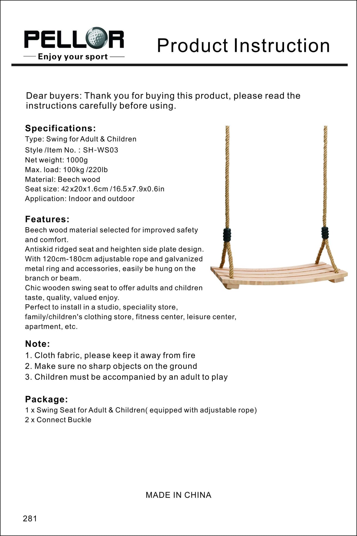 Pellor Wood Tree Swing Seat,Indoor Outdoor Rope Wooden Swing Set for Children Adult Kids (Burlywood) PELLOR