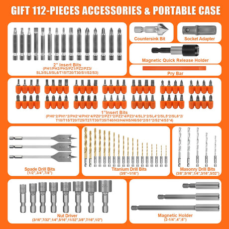 ENERTWIST Drill Bit Set, 112-Pieces 1/4" Hex Shank Impact Driver Bits and Screwdriver Bits Set Assorted in Tough Case for Wood Metal Cement Drilling and Screw Driving, ET-DBA-112 ENERTWIST