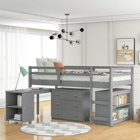 Twin Loft Bed with Desk Low Study Kids Twin Loft Bed with Storage Drawers, Low Loft Bed Twin for Kids Twin Loft Bed with Safety Guard Rails and Bookcase Shelf (Grey, Twin Loft with Desk) Harper & Bright Designs