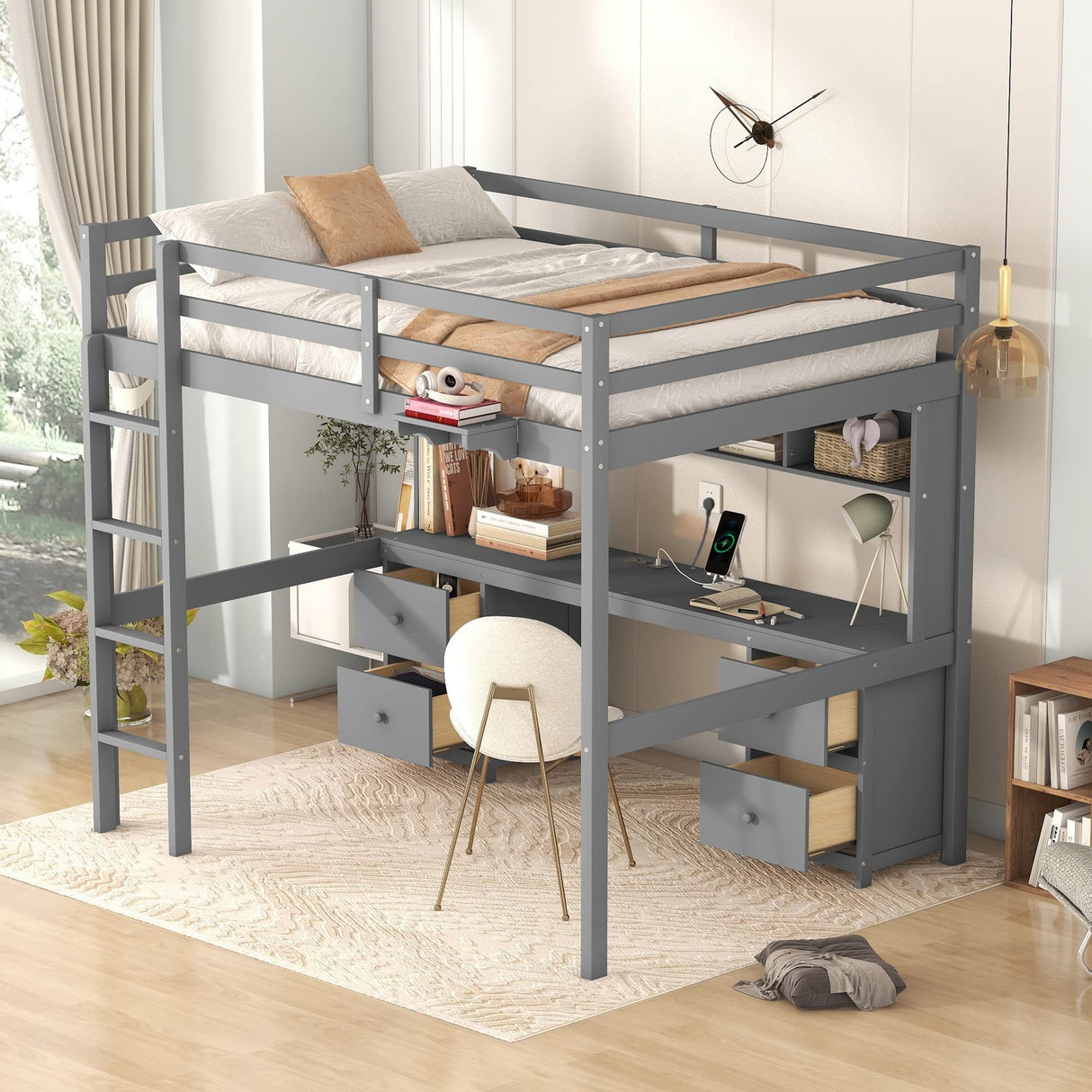 Full Loft Bed with Desk, 4 Drawers and 4 Shelves, Wood Full Size Loft Beds Frame with Storage and Charging Station, Kids Loft Beds with 2 Outlets & 2 USB Port, No Box Spring Needed (Gray) Harper & Bright Designs