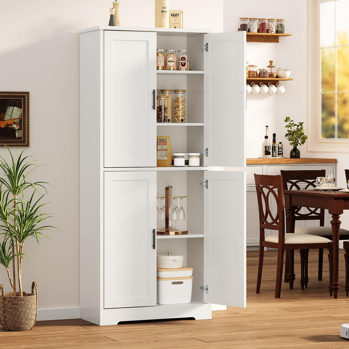 GarveeHome 70 in Tall Kitchen Pantry Cabinet, Freestanding Storage Cabinet with 4 Doors and Adjustable Shelves, Utility Hutch Cupboard for Dining Room, Bathroom, Living Room (Style A, White) GarveeHome
