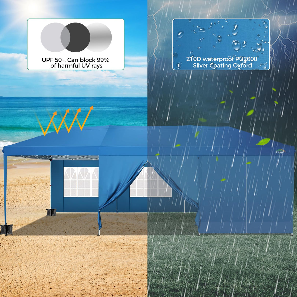 COBIZI 10x30 Canopy Party Tent with 8 Walls 10x30 Pop Up Tent for Parties Waterproof UPF 50+ Outdoor Commercial Event Tent for Party Backyard Gazebo Canopy with Sidewalls & Sandbags(Blue,10x30ft COBIZI