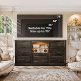 JanflyHome Wood Rustic Chest of Drawers, 63" Wide Vintage 7 Dresser with Outlet and Lights, Farmhouse Drawers Dresser with 4 Drawers & 3 Cabinets for Living Room, Dark Rustic Oak JanflyHome