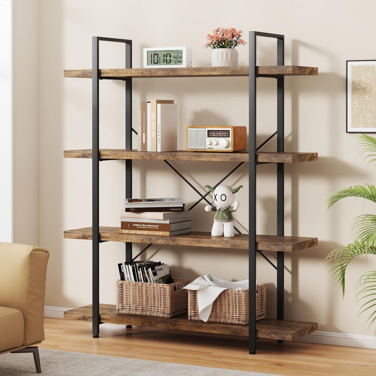 OtterOasis 4-Tier Industrial Bookshelf - Rustic Open Wood Display Shelf for Home & Office OtterOasis