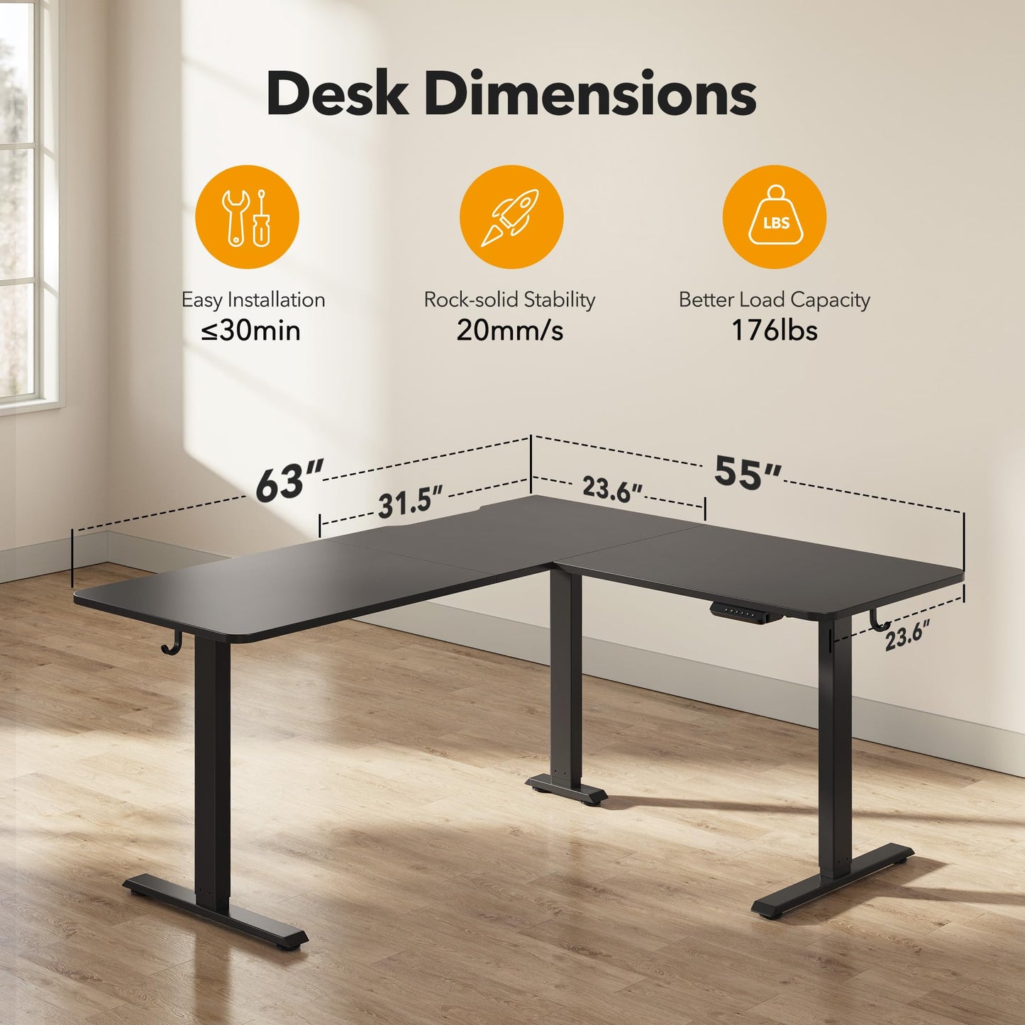 CubiCubi 63" L Shaped Electric Standing Desk, Height Adjustable Stand up Corner Desk, Sit Stand Home Office Desk with Splice Board, Black Top - WoodArtSupply