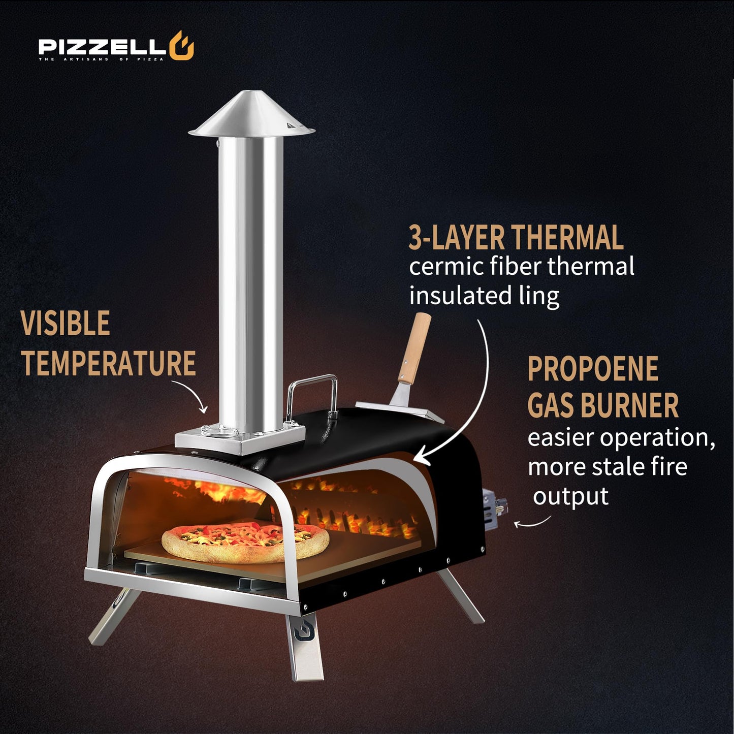 PIZZELLO 12" Outdoor Pizza Oven Propane & Wood Fired Pizza Maker Multi-Fuel Pizza Ovens with Gas Burner, Wood Tray, Stone, Pizza Peel, Cover, Forte Gas (Black)