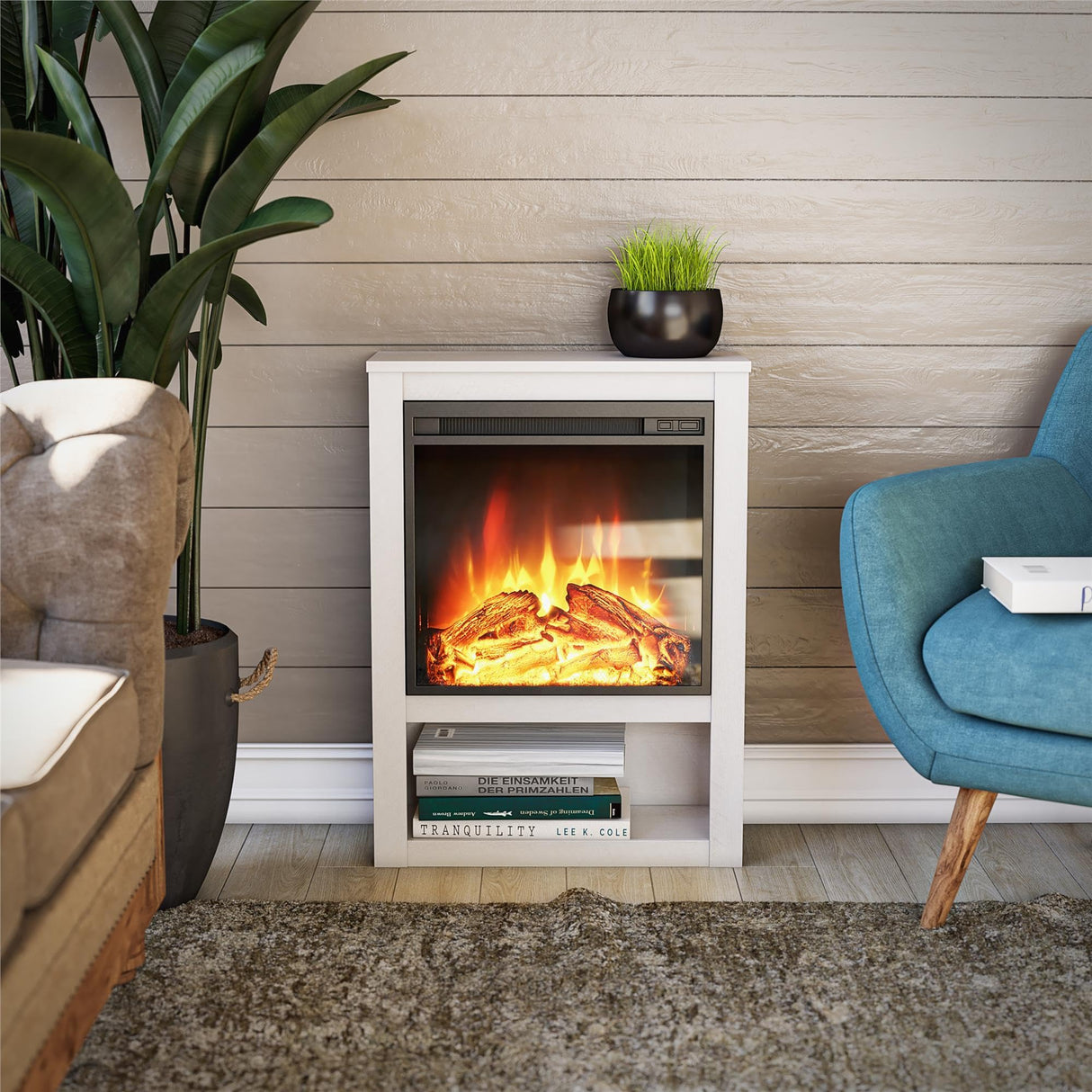 Ameriwood Home Clermont 22 Inch Electric Fireplace with Mantel and Shelf, Replaceable Fireplace Insert Heater, Realistic Log and Flame Effect, for Living Room or Bedroom, Ivory Oak Ameriwood Home