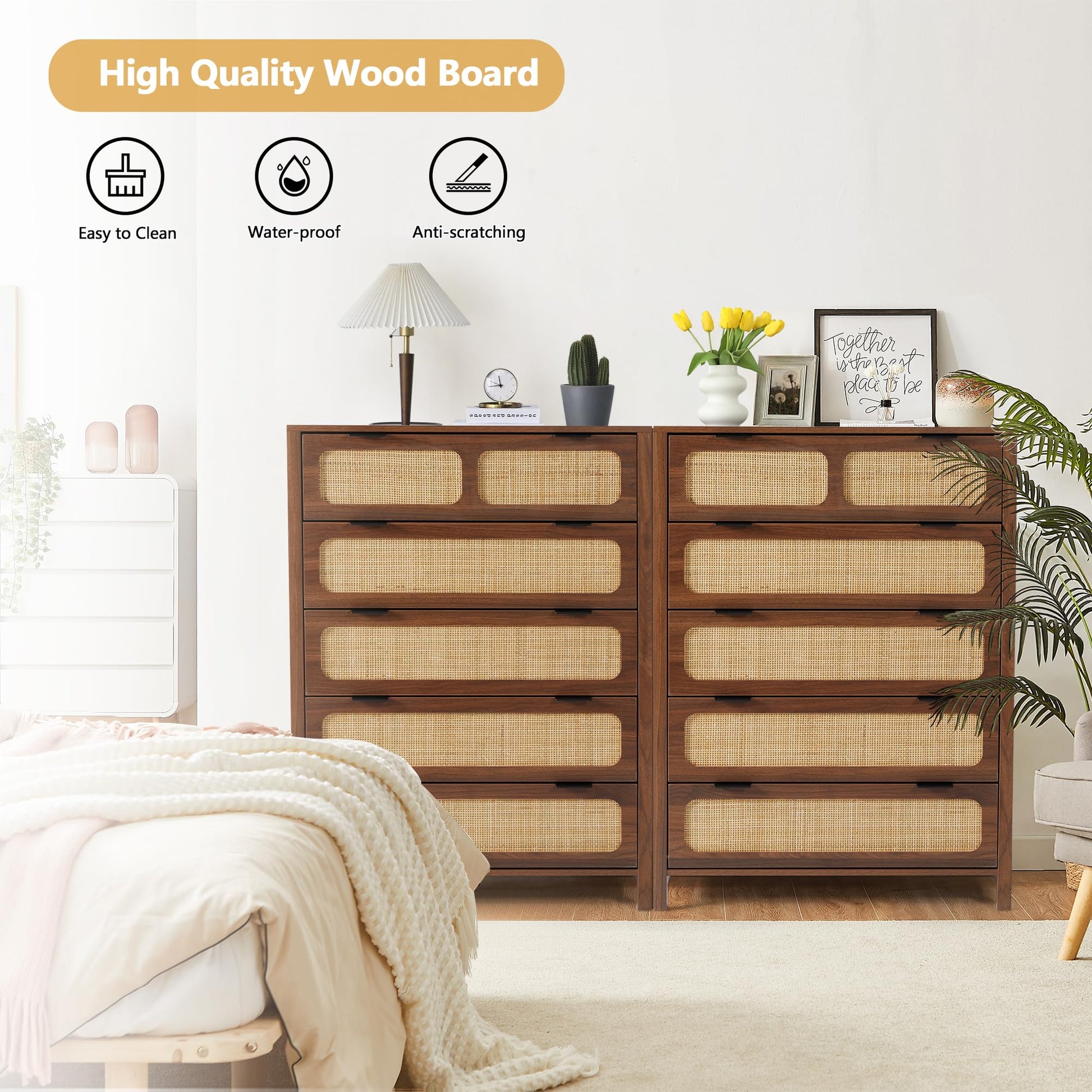 UHMUVFM 5 Drawer Dresser with Rattan Finish, Modern Farmhouse Chest of Drawers with Metal Handles, Accent Wood Storage Cabinet for Bedroom, Living Room and Kitchen (Walnut- 2 Packs) - WoodArtSupply